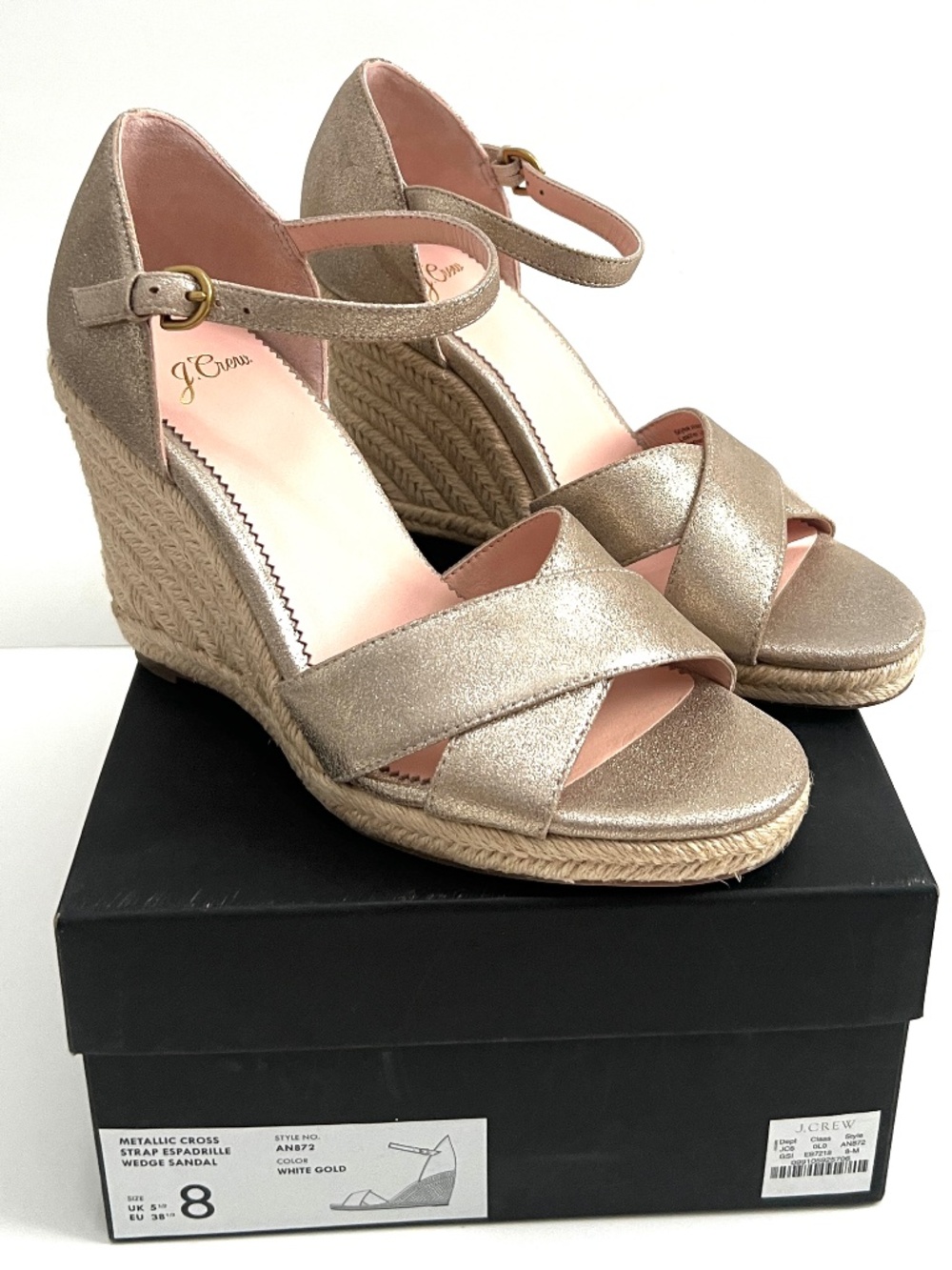 Brand New J. Crew Metallic CrossStrap Espadrille Wedges in White Gold, Size 8